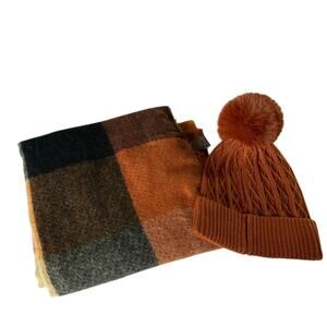 Vince Camuto Womens One Size Burnt Orange Beanie & Colorblock Blanket Scarf Set